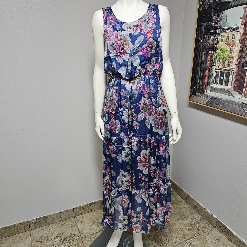 NWT Lara G by Lara Guidotti Silk Blend Denim Floral Maxi Dress Size Large